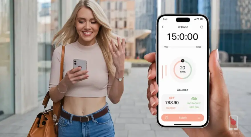 Uśmiechnięta kobieta z telefonem zastanawia się, dlaczego smartwatch nie liczy kroków. Na ekranie telefonu widać aplikację z danymi o aktywności.