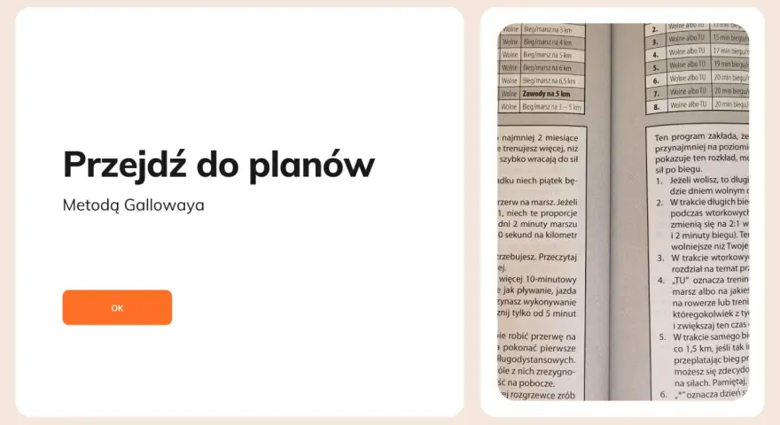Przejdź do planów treningowych metodą Gallowaya. Tabela zawiera propozycje biegów i marszów.