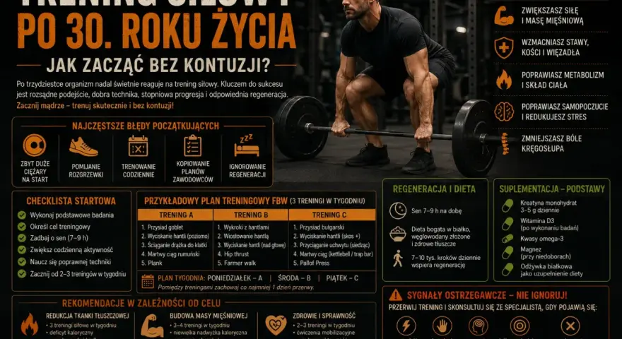 Ćwiczenia na siłowni dla początkujących: mężczyzna podnosi sztangę, plan treningowy FBW, porady dotyczące regeneracji i diety.