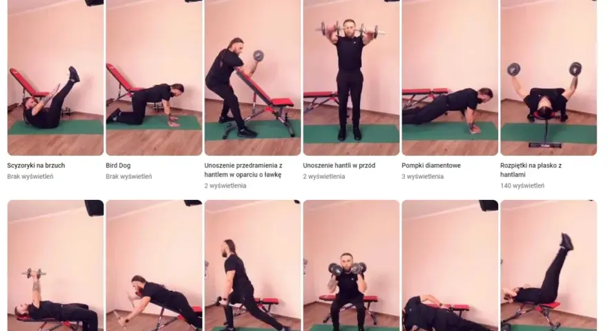 Kolekcja ćwiczeń z hantlami na ławeczce: unoszenie przedramion, rozpiętki, wyciskanie. Trening siłowy w domu.