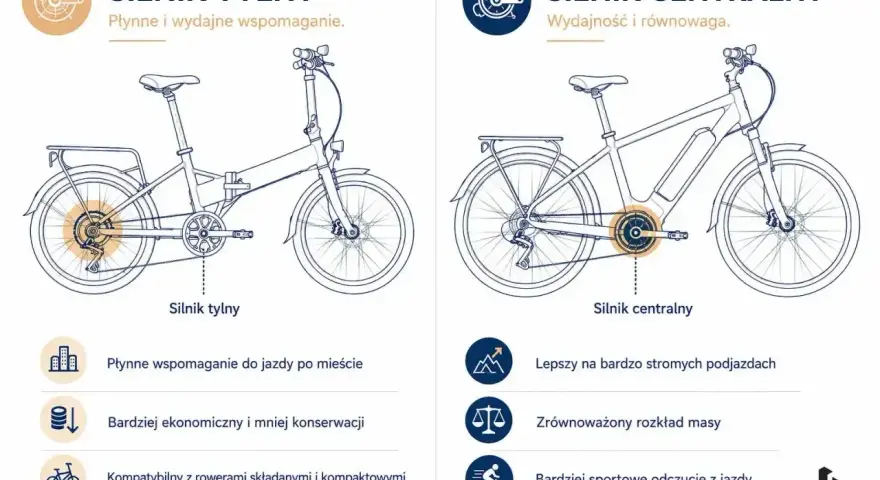 Ilustracja pokazuje, jak działa rower elektryczny: silnik tylny dla płynnej jazdy miejskiej i silnik centralny dla lepszych podjazdów.