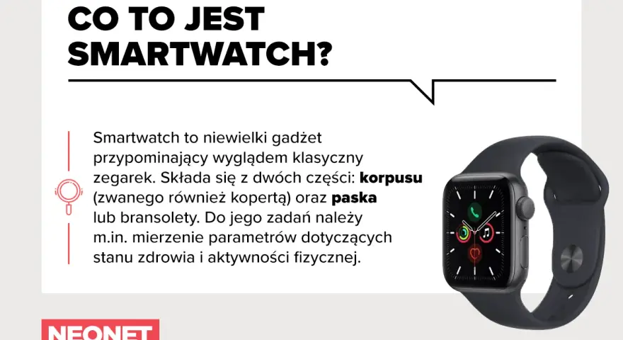 Smartwatch to gadżet przypominający zegarek, składający się z korpusu i paska. Mierzy parametry zdrowia i aktywności.