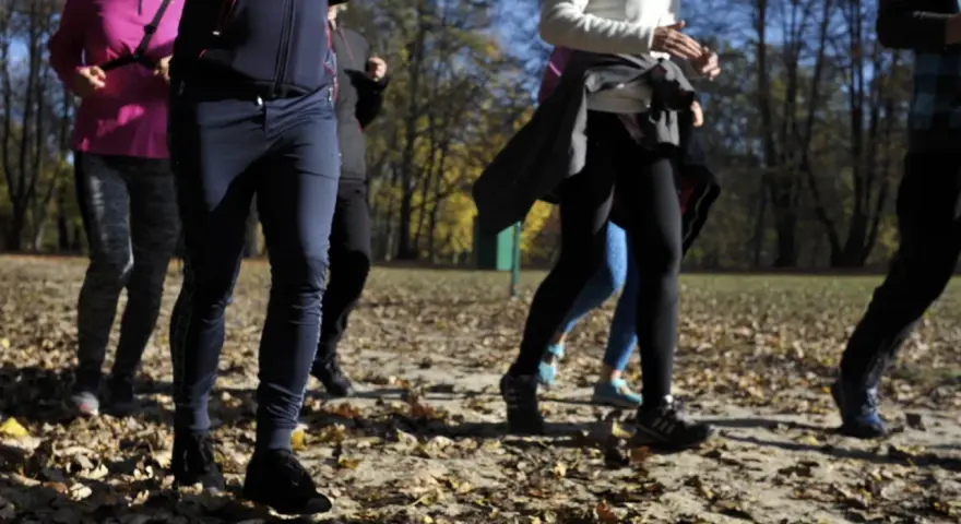 Grupa osób uprawia slow jogging w parku jesienią. Widać ich nogi i fragmenty ubrań. To świetne efekty dla zdrowia i samopoczucia.