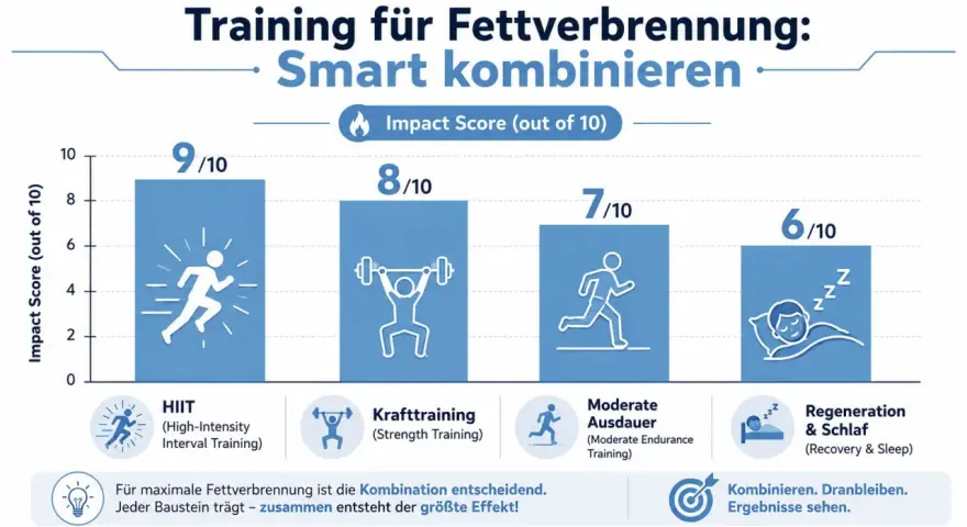 Wykres pokazuje, jak podkręcić metabolizm na maxa: HIIT (9/10), trening siłowy (8/10), umiarkowana wytrzymałość (7/10) i regeneracja ze snem (6/10).
