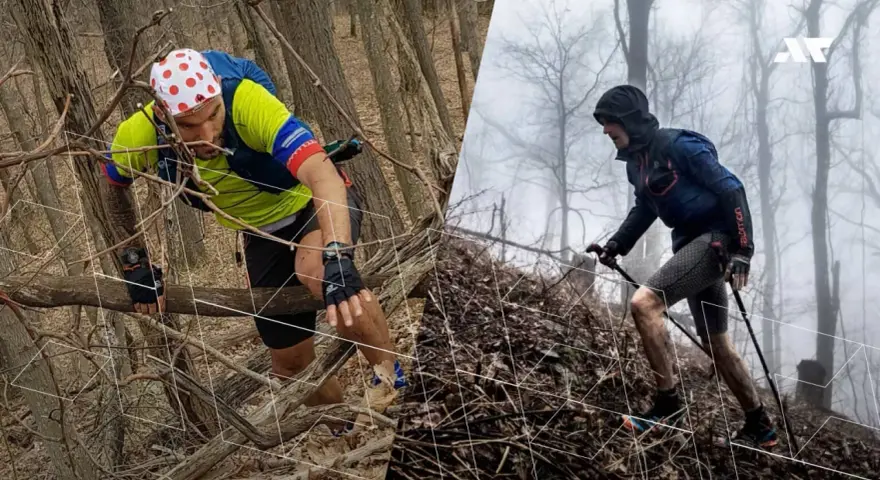 Dwóch biegaczy pokonuje trudny teren podczas Barkley Marathon. Jeden wspina się po drzewach, drugi używa kijków.