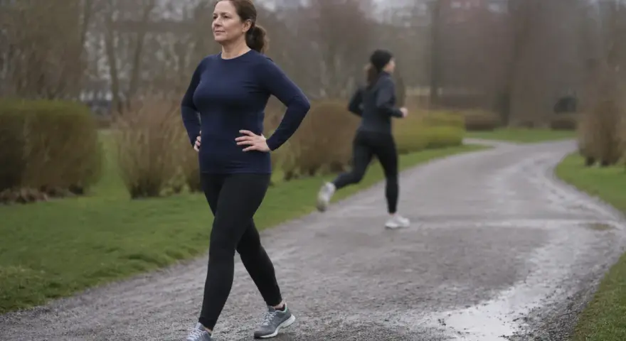 Kobieta w ciemnym stroju sportowym spaceruje po mokrej ścieżce w parku. W tle inna osoba biegnie. 12 km/h jakie to tempo dla niej?