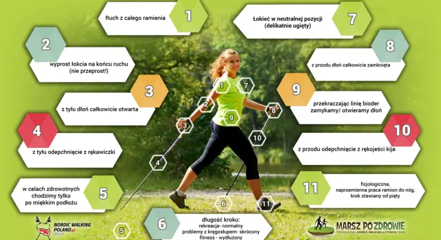 Ilustracja pokazuje, jak ustawić kijki do nordic walking. Kobieta demonstruje prawidłową technikę, a grafika z numerowanymi wskazówkami wyjaśnia ruchy ramion i dłoni.