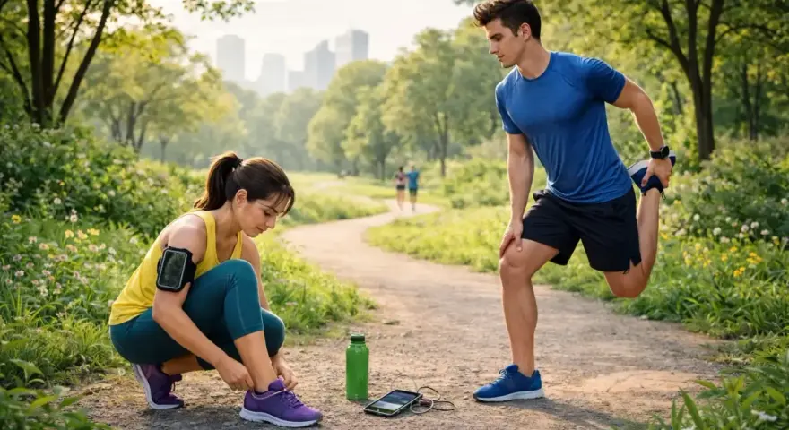 Para, przygotowująca się do biegania w parku. Ona wiąże buty, on rozciąga nogę. To właśnie jogging!