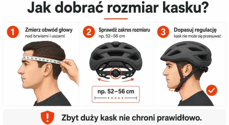 Jak dobrać rozmiar kasku rowerowego: zmierz obwód głowy, sprawdź zakres rozmiaru i dopasuj regulację. Zbyt duży kask nie chroni.