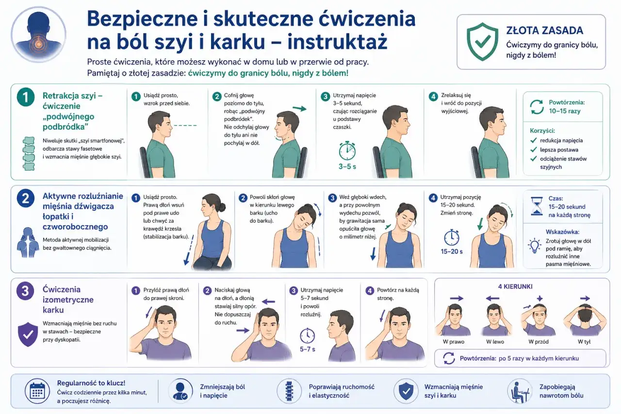 Ćwiczenia na ból szyi i karku: Retrakcja szyi, rozluźnianie mięśni, ćwiczenia izometryczne. Pomagają rozluźnić napięte mięśnie szyi.