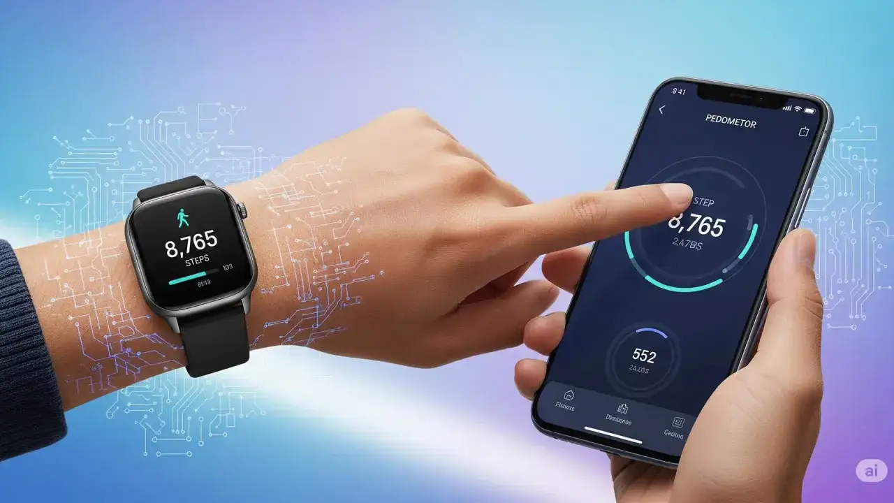 Zegarek pokazuje 8765 kroków, a smartfon synchronizuje dane. Tak zegarek liczy kroki, śledząc Twoją aktywność.