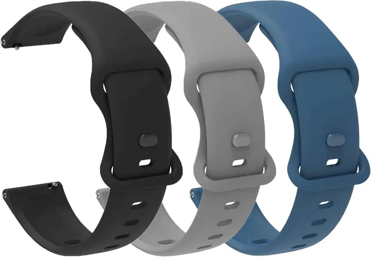 Trzy paski smartwatch: czarny, szary i niebieski. Wykonane z elastycznego materiału, gotowe do personalizacji Twojego zegarka.