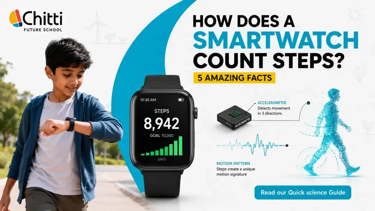 Chłopiec sprawdza smartwatch, który pokazuje 8942 kroki. Dowiedz się, dlaczego smartwatch nie liczy kroków, dzięki akcelerometrowi i analizie ruchu.