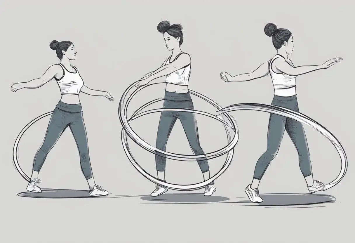 Ilustracja pokazuje sekwencję ruchów, jak kręcić hula hop z obciążeniem. Kobieta w legginsach i topie ćwiczy z obręczą.