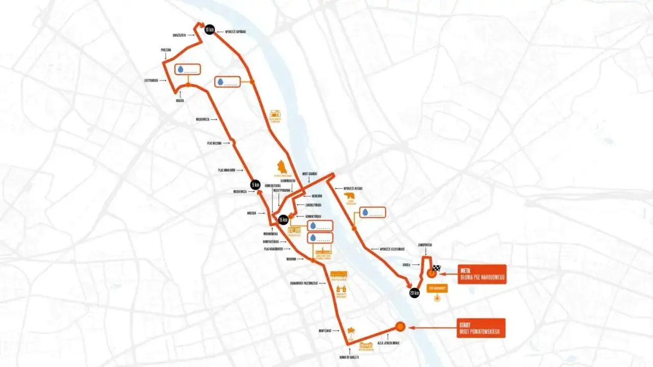 Trasa polmaraton Polska, z zaznaczonym startem na Moście Poniatowskiego i metą na Błoniach PGE Narodowego. Mapa pokazuje przebieg biegu przez centrum Warszawy.