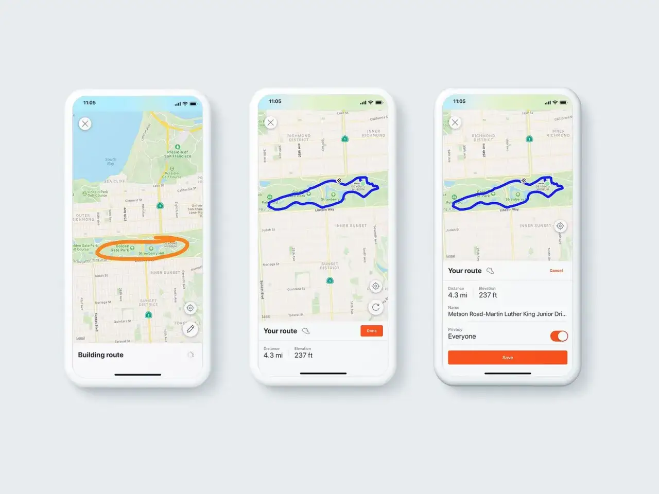 Trzy ekrany telefonu pokazują aplikację Strava po polsku, z zaznaczoną trasą biegu w Golden Gate Park.