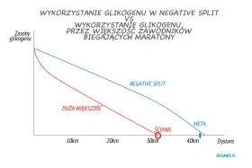 Wykres porównuje wykorzystanie glikogenu w maratonie. Linia czerwona pokazuje, jak większość biegaczy wpada na "ścianę" ok. 30 km, podczas gdy linia niebieska ilustruje strategię negative split, oszczędzającą zasoby do mety.